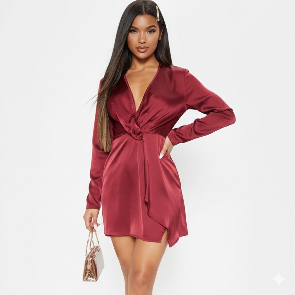 PrettyLittleThing Burgundy Satin Wrap Mini Dress Long Sleeve Party Dress Size 8